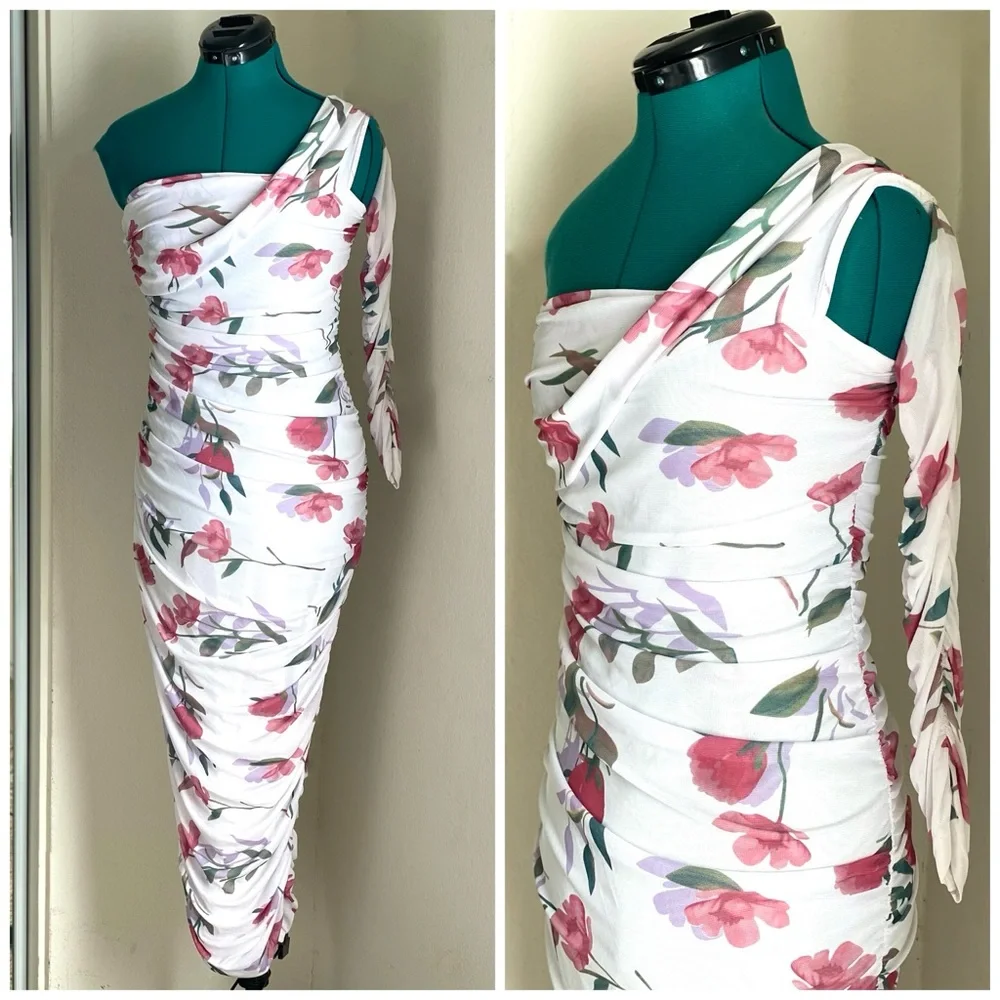 Pink and White One Shoulder Midi Bodycon Dress for Wedding Guest Size M - Picture 1 of 8